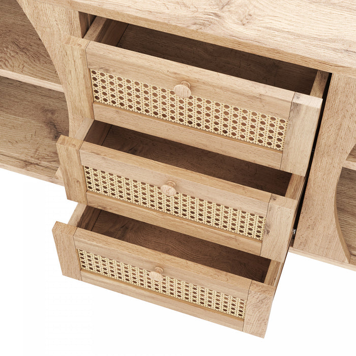 James 55.3\" Modern Minimalist Wood Cabinet with Sliding Doors and Adjustable Shelves,Natural Accent Cabinet