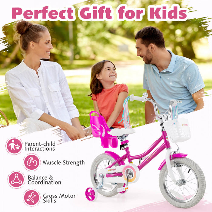 Costway 14\" Kids Bike With Training Wheels Doll Seat Basket Streamers Hand Brake Pink