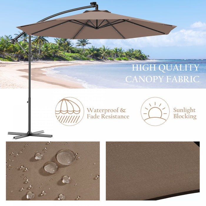 Costway 10' Hanging Solar LED Umbrella Patio Sun Shade Offset Market W/ Base Tan