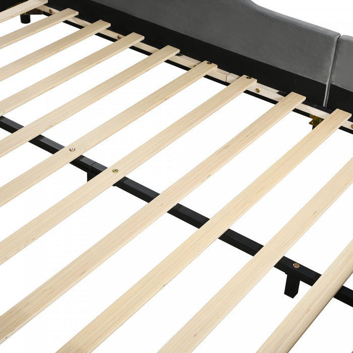 Lily Velvet Upholstered Grounded Bed with Desk and Stool,Queen Size,Grey Queen Bed