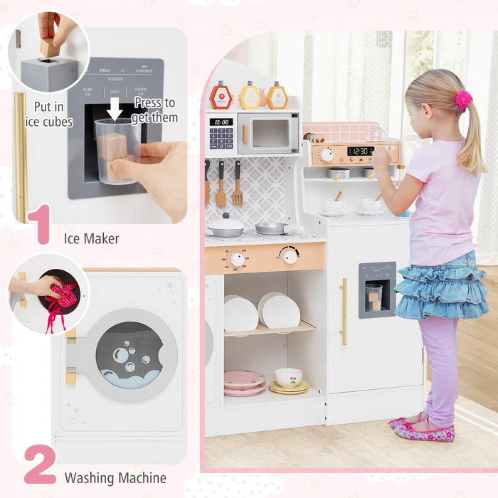 Honeyjoy Kids Kitchen Set Wooden Kitchen Playset With Clock, Microwave, Sink, Dish Rack White