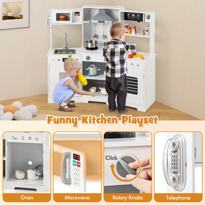 Costway Pretend Play Kitchen For Kids Toddler Aged 3+ Wooden Toy Set With Range Hood White