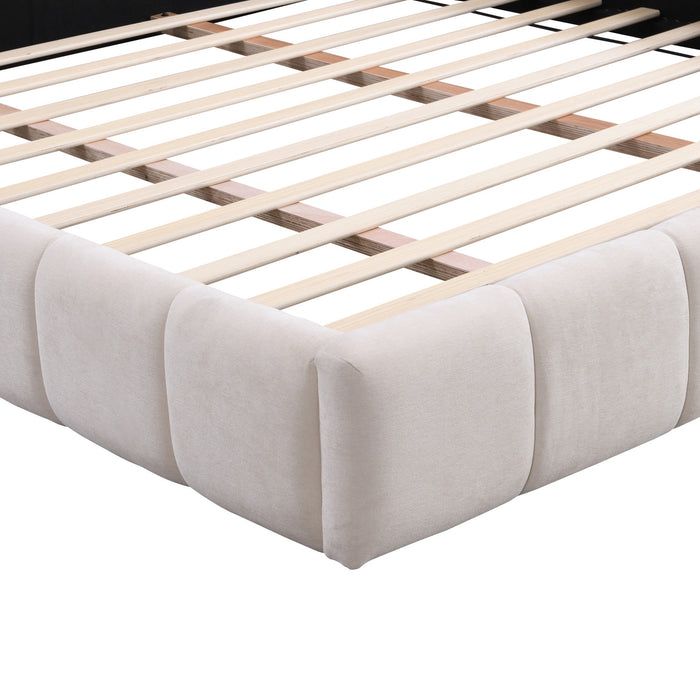 Eleanor Elegant Chenille Upholstered Bed with Checkerboard Design,King Size,Beige King Bed