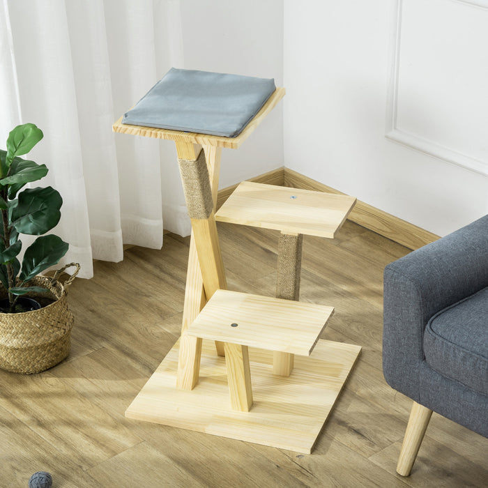 Pawhut 31\" Cat Tree Kitty Activity Center Pinewood Cat Climbing Toy Indoor Outdoor Pet Furniture With Jute Scratching Post Perch Cushion Natural