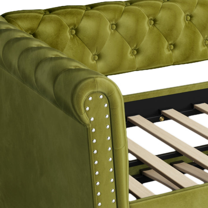 Sophia Tufted Design Upholstered Daybed with Trundle and Comfortable Backrest,Green