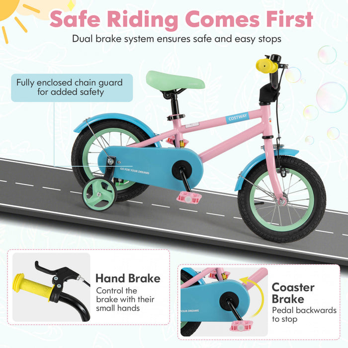 Costway 12\" Kids Bike With Adjustable Saddle Handlebar Removable Training Wheels Handbrake Pink
