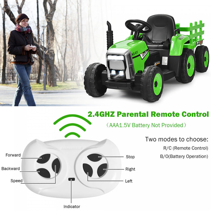 Costway 12v Kids Ride On Tractor With Trailer Ground Loader W/remote Control &led Lights