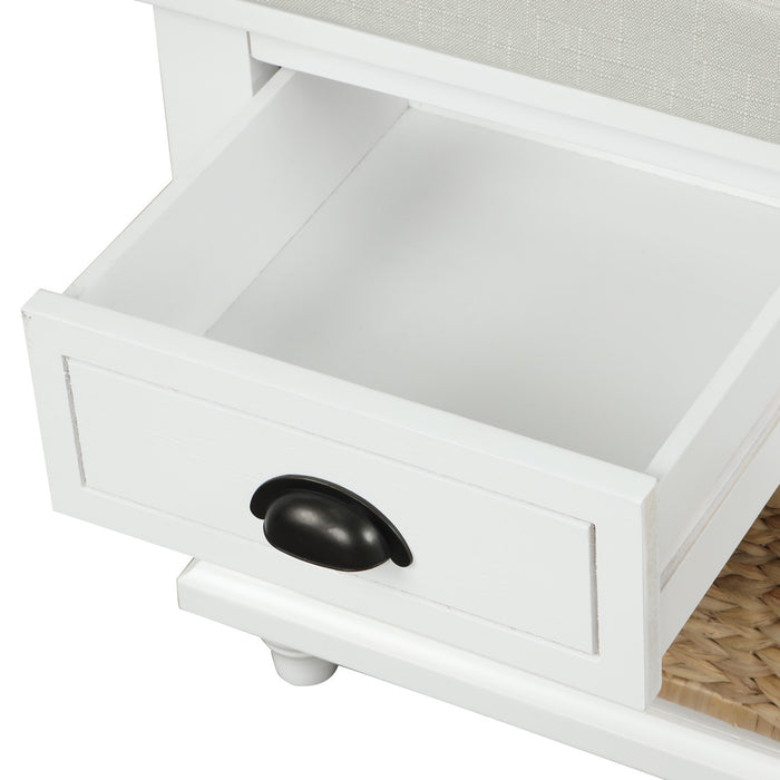 Harvey Solid Wood Storage Bench With Drawers And Rattan Baskets - White