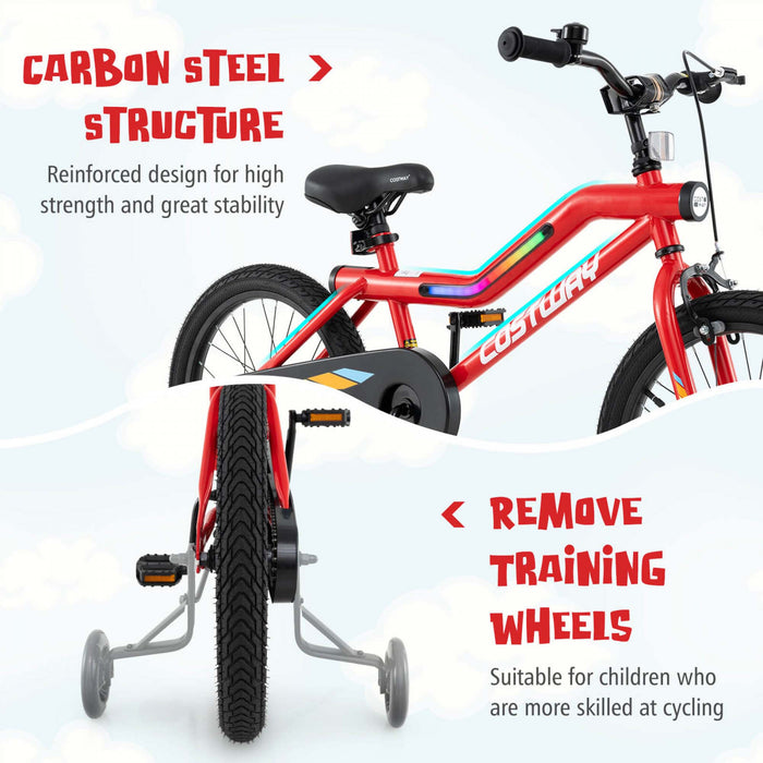 Costway 18\" Led Lighted Kids Bike With Adjustable Seat Coaster Brake Training Wheels Red