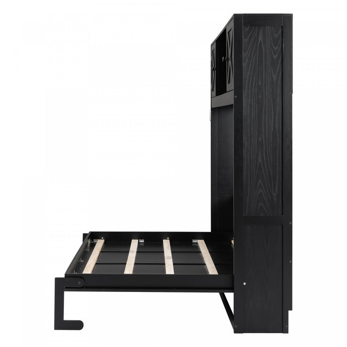 Ethan Solid Wood Murphy Bed with Storage Cabinets,Full Size,Black Full Bed