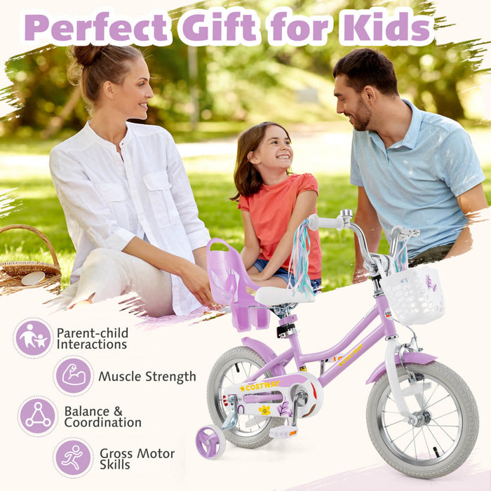 Costway 14 Inch Kids Bike With Training Wheels Doll Seat Basket Streamers Hand Brake Purple