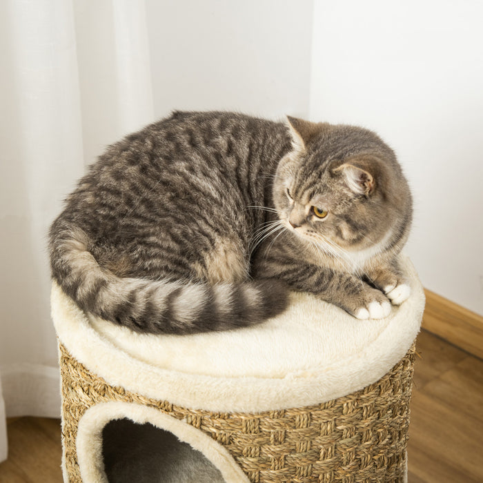 Pawhut Cat Condo 3 Story Three Holes With Sisal Seaweed Scratching Cover Surface, Cat Tower For Indoor Cats, 15\" X 28\", Khaki And Brown
