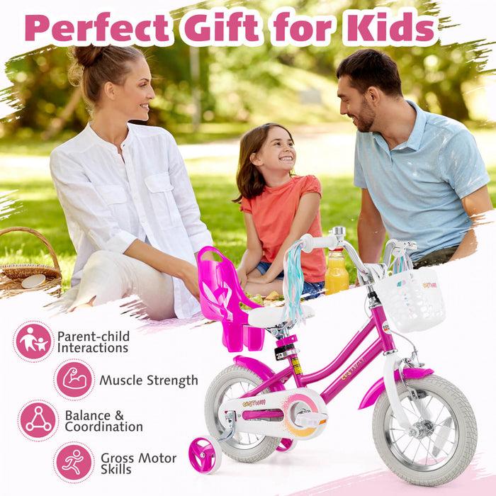 Costway 12 Inch Kids Bike With Training Wheels Doll Seat Basket Streamers Hand Brake Pink