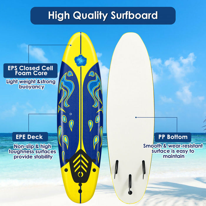 Costway 6' Surfboard Foamie Body Surfing Board W/3 Fins & Leash For Kids Adults Yellow