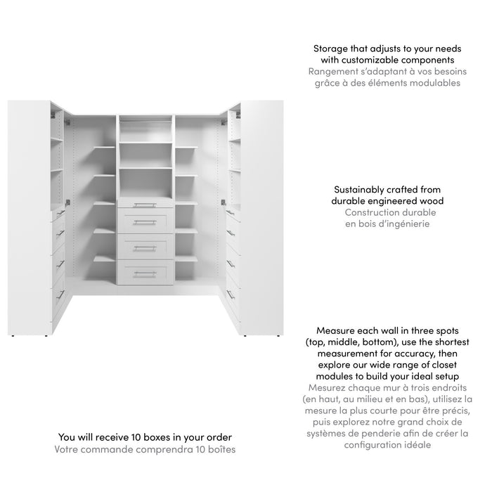 Bestar Florence 94\" Modular U-Shaped Shaker Walk-In Closet System with Rods and Storage - White