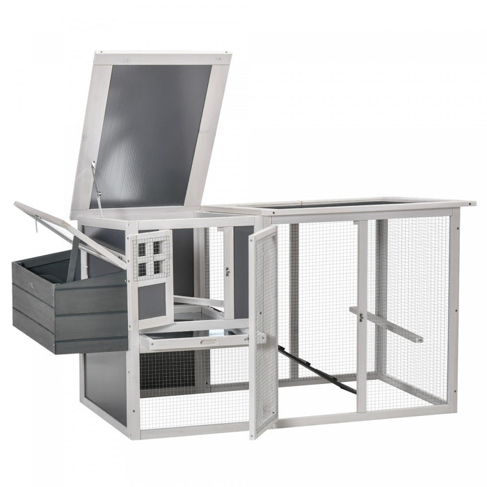 Pawhut 64\" Wooden Chicken Coop, Outdoor Hen House Poultry Cage With Outdoor Run, Nesting Box, Removable Tray, Openable Roof And Lockable Doors，white And Grey