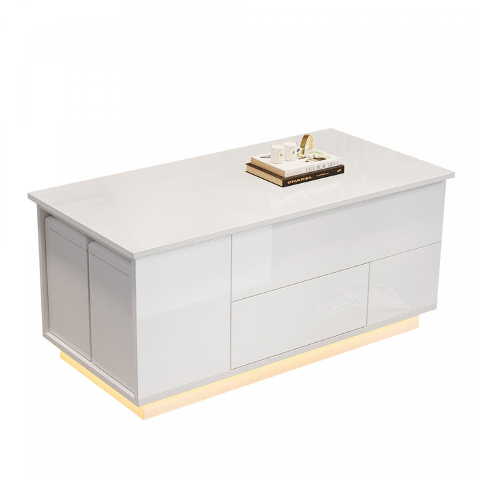 Flexi 39.3 Inch 4-in-1 Lift-Top Coffee Table with LED Lights, Dual Drawers and Storage Ottomans, White