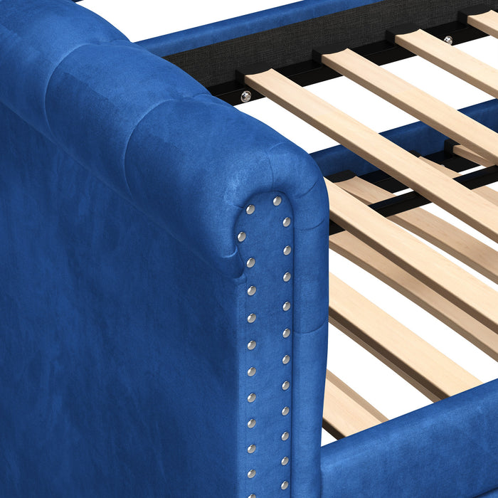 Sophia Tufted Design Upholstered Daybed with Trundle and Comfortable Backrest,Blue