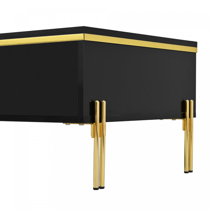 Lustra 39.4 Inch Modern High-Gloss Coffee Table with Dual Drawers and Gold Accents, Black