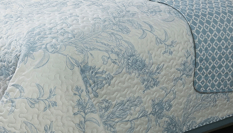 Reversible 3-Piece King Quilt Set, Blue & White Floral Microfiber Bedding
