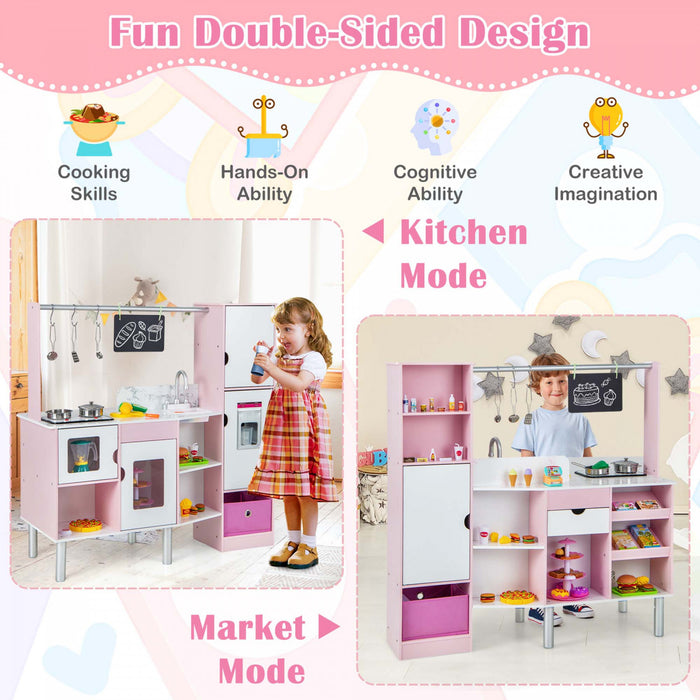 Costway 2-in-1 Kids Kitchen & Market With Realistic Light & Sound 82 Accessories Included