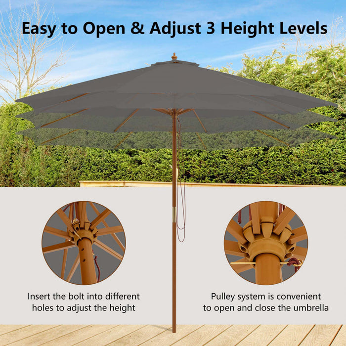 Costway 10FT Patio Wooden Market Table Umbrella Pulley with 8 Bamboo Ribs Sunshade Canopy Gray