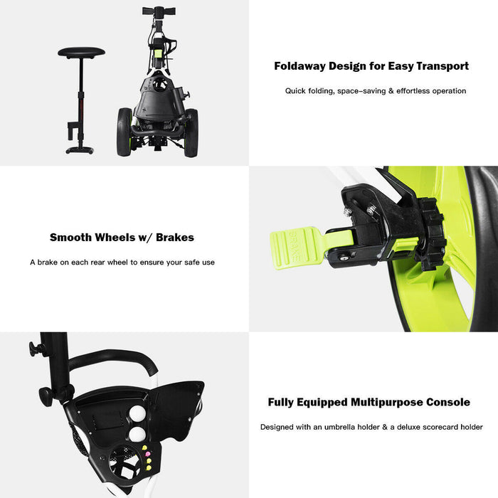 Costway Foldable 3 Wheel Push Pull Golf Club Cart Trolley W/ Seat Scoreboard Bag Swivel