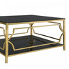 Gleam 33.5 Inch Square Tempered Glass Coffee Table with Geometric Gold Frame and Lower Shelf, Black | Gleam Table Basse Carree en Verre Trempe 33.5 po avec Cadre Geometrique Dore et Etagere Inferieure, Noir