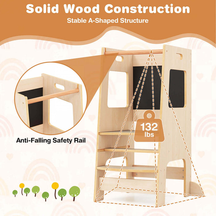 Costway Toddler Kitchen Step Stool With Activity Chalkboard Adjustable Height & Safety Rail Beige