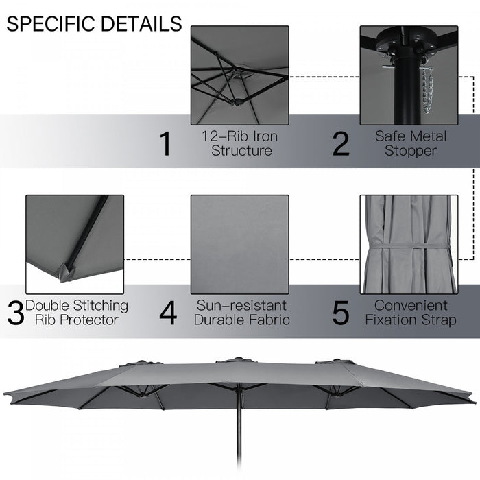 Costway 15FT Double-Sided Twin Patio Umbrella Outdoor Market W/ Crank & Base Grey
