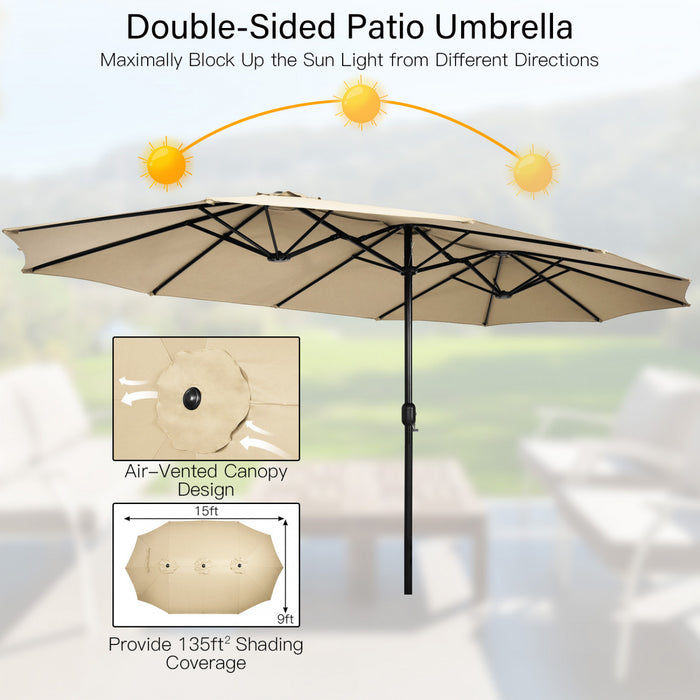 Costway 15FT Double-Sided Twin Patio Umbrella Outdoor Market with Crank & Base Beige