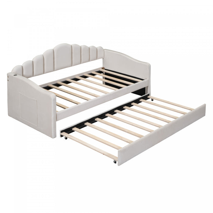 Lily Upholstered Daybed with Trundle and USB Charging Ports,Twin Size,Beige Twin Bed