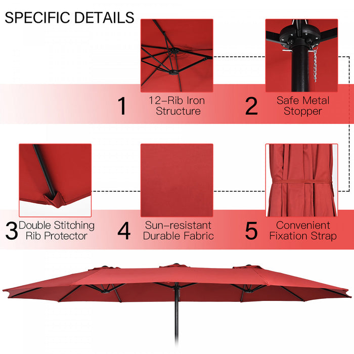 Costway 15 Ft Patio Double Sided Umbrella Outdoor Market Umbrella Burgundy