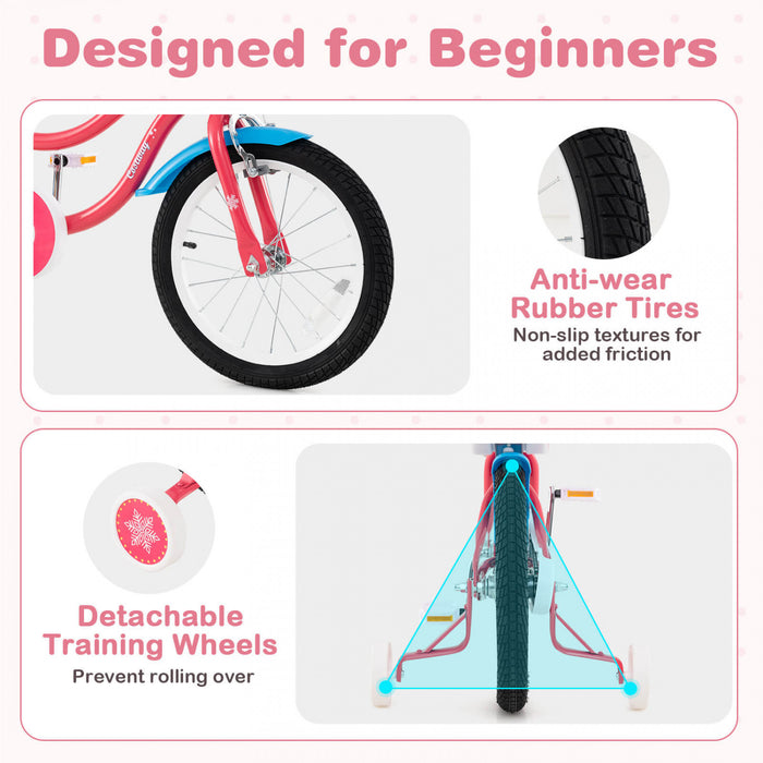 Costway 16\" Kids Bike With Basket Doll Seat & Colorful Streamers 2 Training Wheels Pink