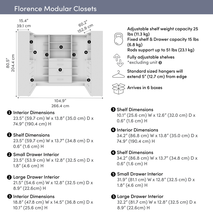 Bestar Florence 105\" Modular U-Shaped Walk-In Closet System with Rods, Shelves and Drawers Slab Style - White
