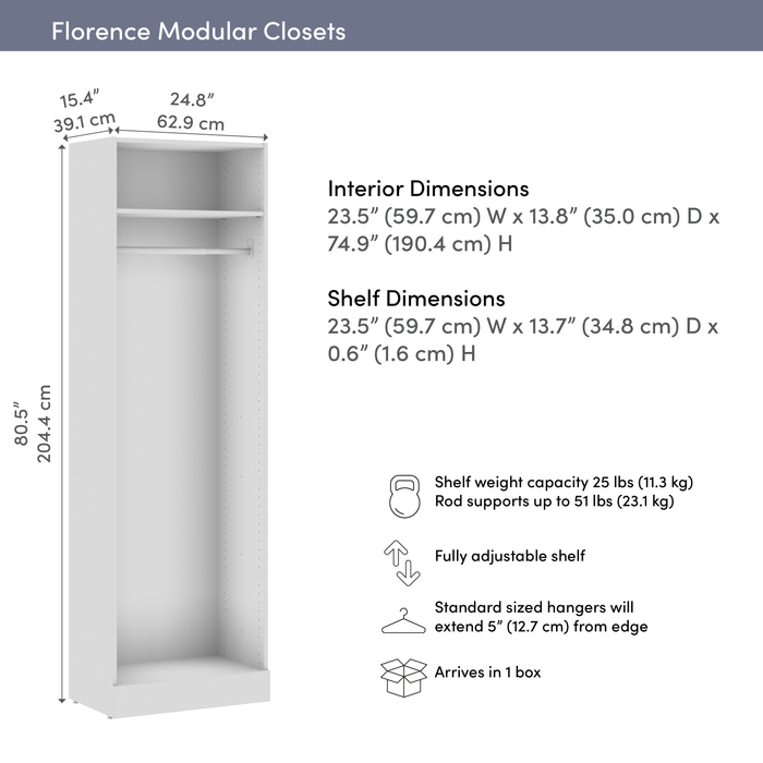 Bestar Florence 25\" Modular Hanging Closet System with Shelf - White