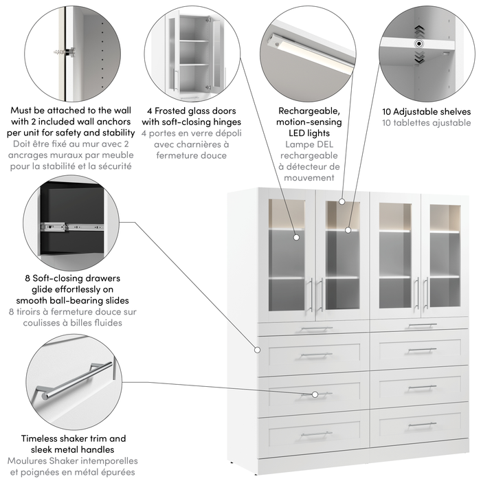 Bestar Florence 71\" Modular Walk-In Closet System with LED Lights and Storage - White