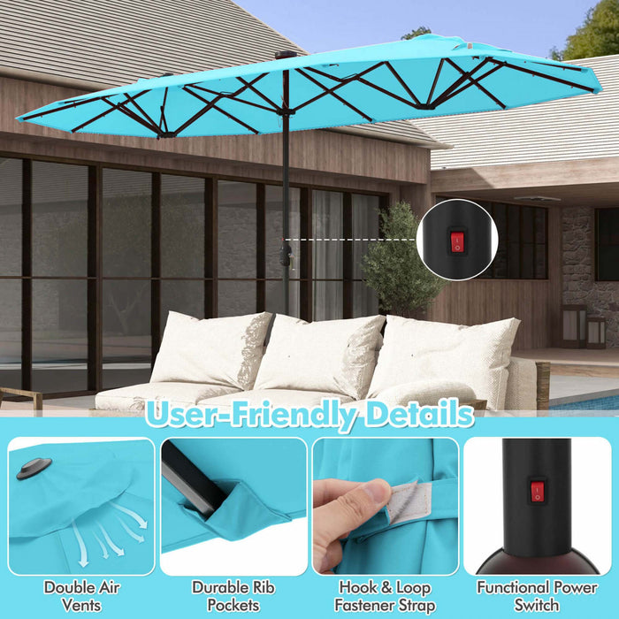 Costway 13FT Double-sided Patio Umbrella with Solar Lights Crank Handle Umbrella Base Turquoise