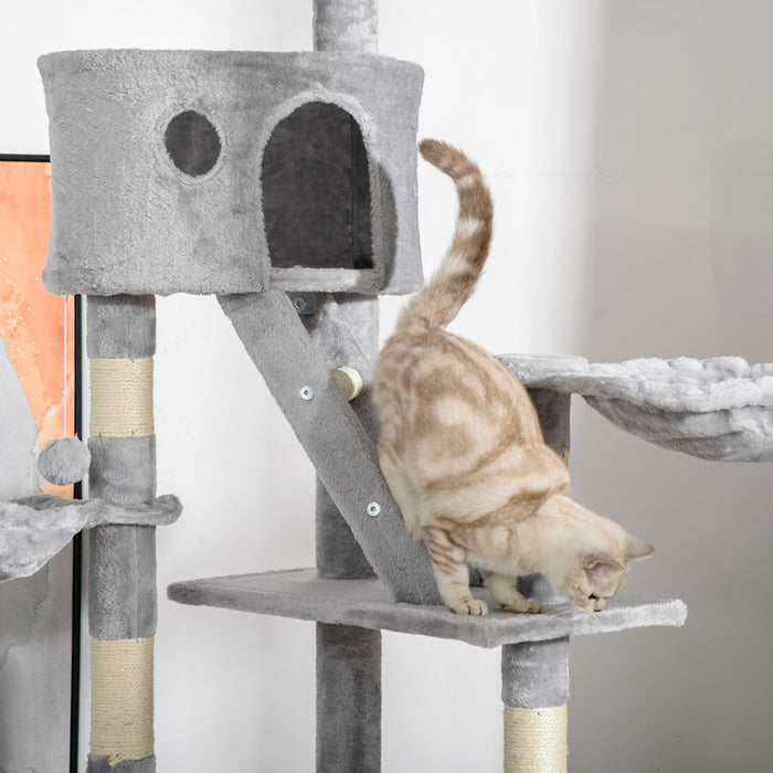 Pawhut 94\"-102\" Huge Cat Tree Ceiling High Cat Condo Scratching Post Activity Center Multi-level Play House Light Grey
