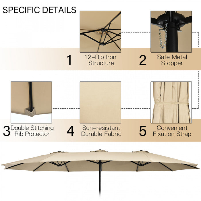 Costway 15FT Double-Sided Twin Patio Umbrella Outdoor Market with Crank & Base Beige