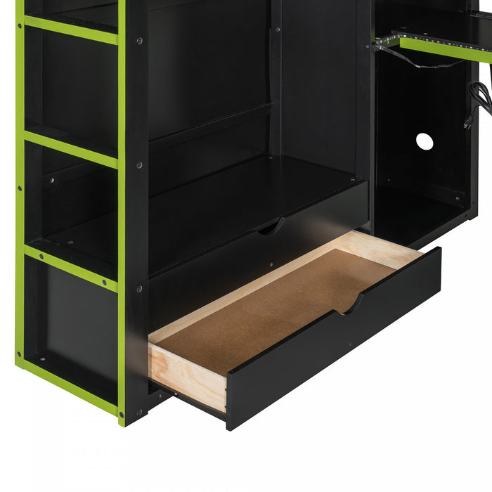 Jerry Wood Loft Bed with Desk and Storage,Full Size,Green Full Bed
