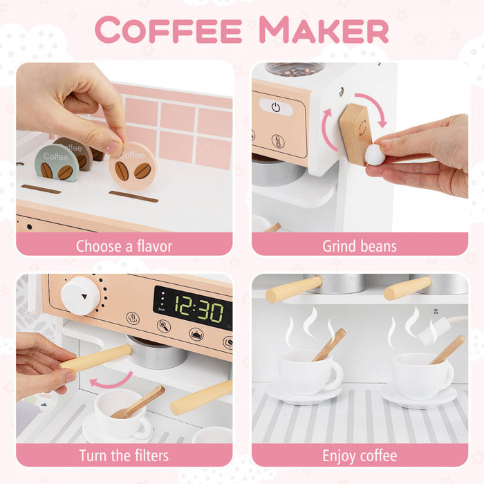 Honeyjoy Kids Kitchen Set Wooden Kitchen Playset With Clock, Microwave, Sink, Dish Rack White