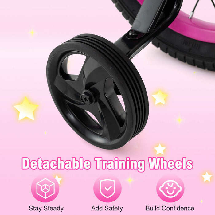 Costway 14\" Kid's Bike With Training Wheels Adjustable Handlebar & Seat Handbrake Pink