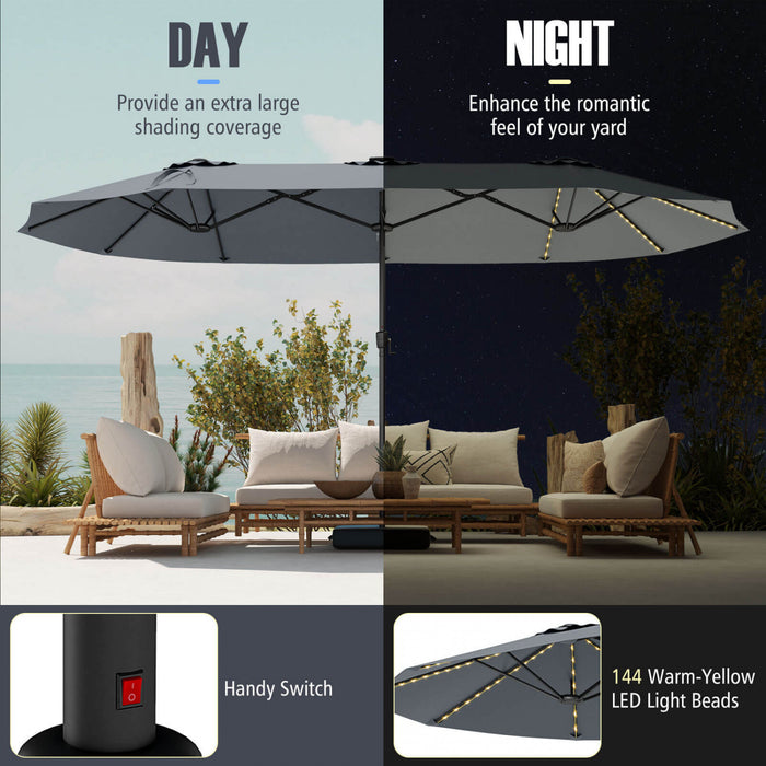 Costway 15.5 FT Extra-Large Patio Umbrella with LED Solar Lights & 12 Heavy-Duty Ribs Gray