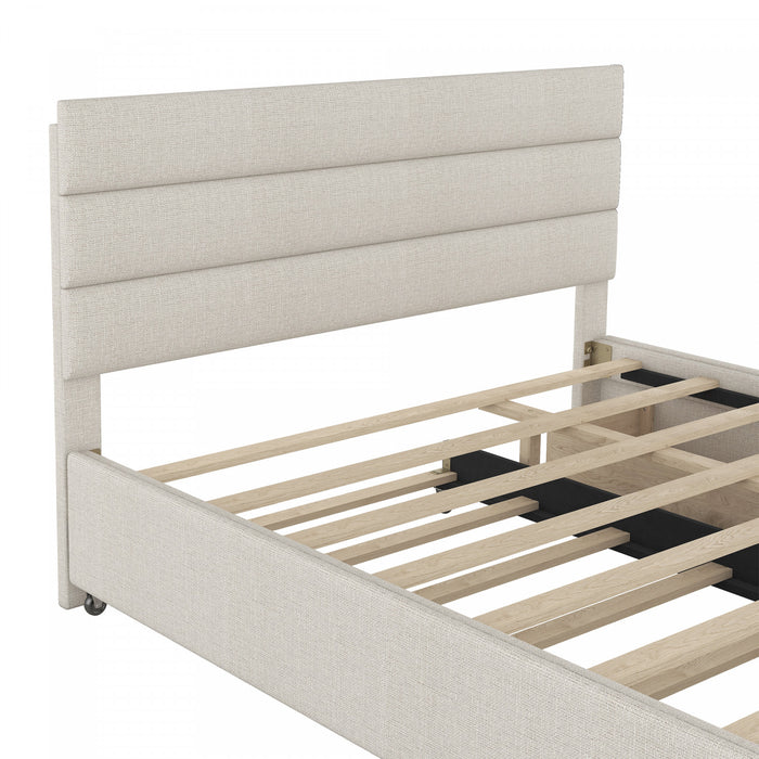 Sophie Linen-look Fabric Upholstered Platform Bed With Trundle And Storage Drawers, Queen Size, Beige