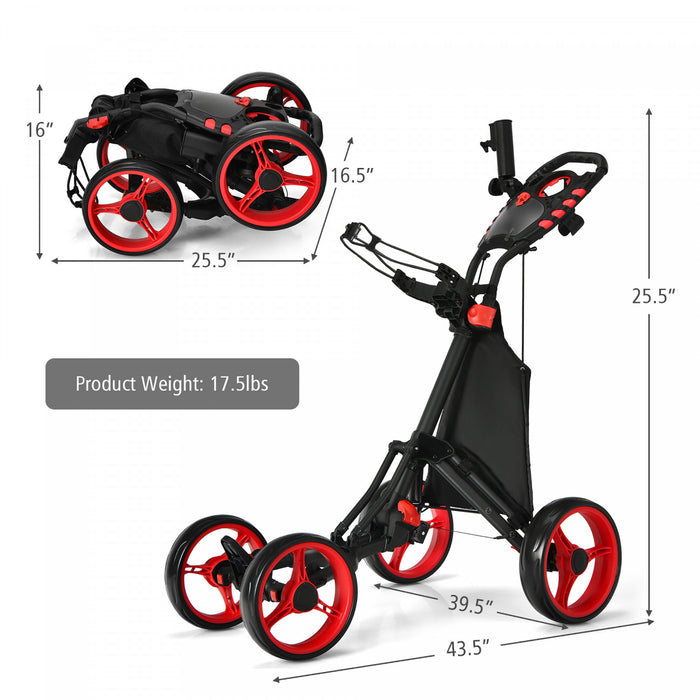 Goplus Folding 4 Wheels Golf Push Cart W/bag Scoreboard Adjustable Handle Red