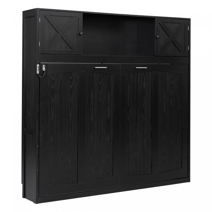 Ethan Solid Wood Murphy Bed with Storage Cabinets,Full Size,Black Full Bed