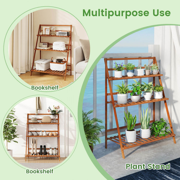 Costway 3 Tier Folding Shelf Stand Bamboo Flower Pot Display Rack Bookcase Organizer