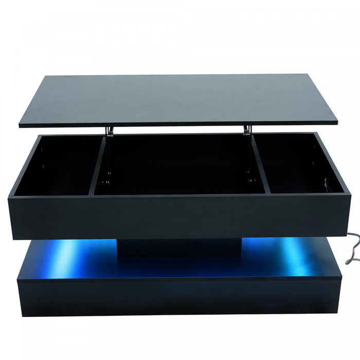 Flexi 39.9 Inch Hydraulic Lift-Top Coffee Table with LED Lighting and Hidden Storage, Black