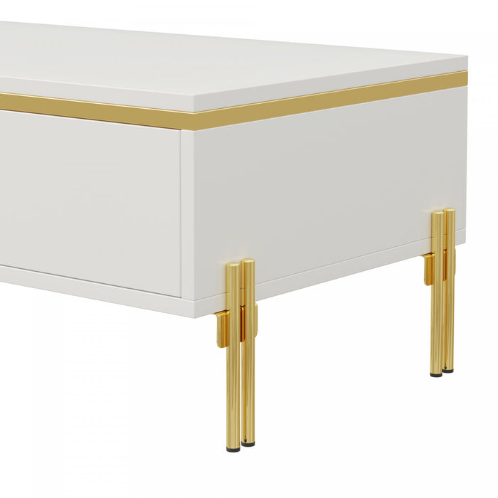 Lustra 39.4 Inch Modern High-Gloss Coffee Table with Dual Drawers and Gold Accents, White